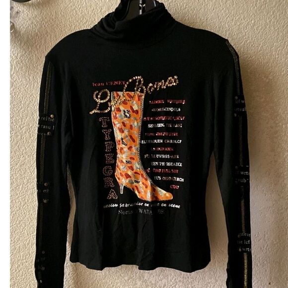 VTG PAOLO SANTINI L Boot Print Beaded Sequin “Las Botas”Pullover Turtleneck Top - Picture 1 of 14